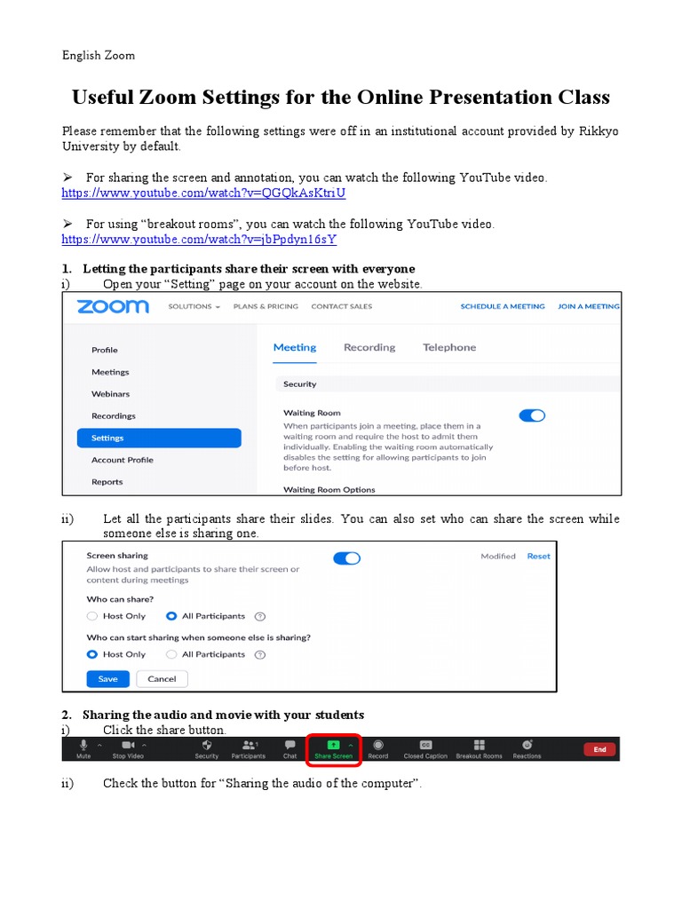 Essential Zoom Settings for Classes | PDF | You Tube | Cyberspace