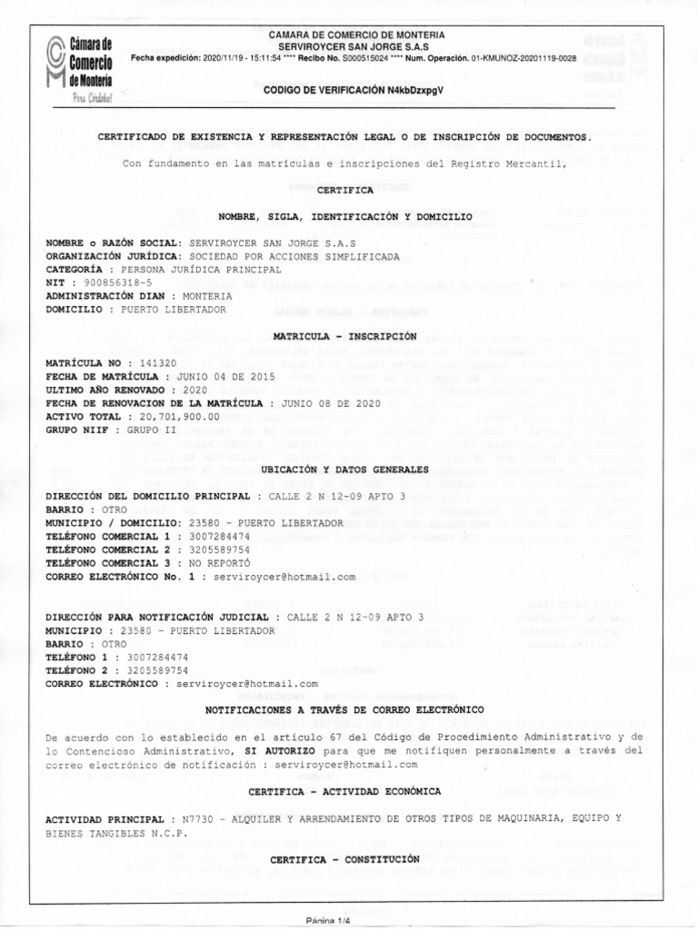 Certificado Cámara de Comercio | PDF