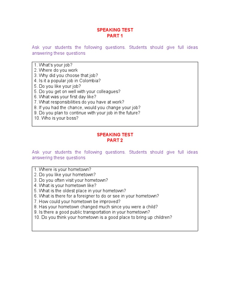 Speaking Test Questions for Students | PDF | Career & Growth