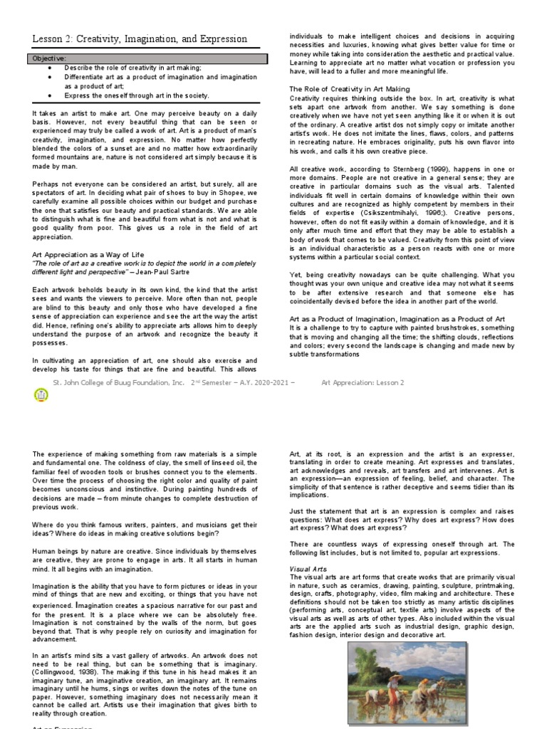LESSON 2 Creativity, Imagination and Expression | PDF | Imagination ...