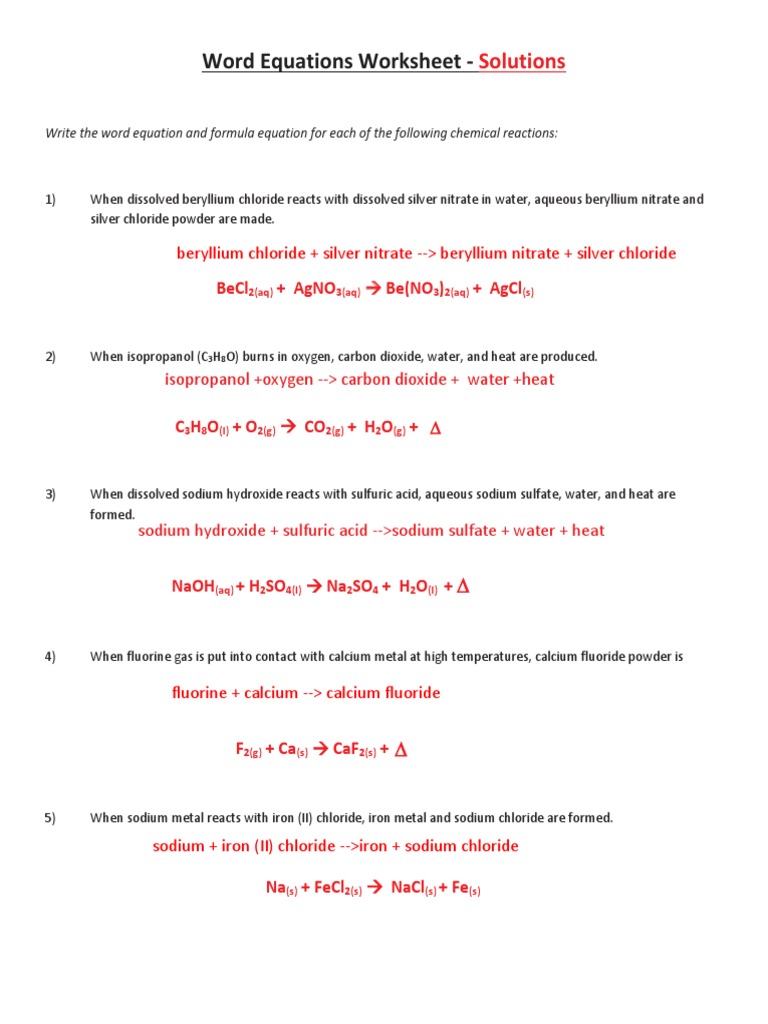 Word Equations Worksheet - : Solutions | PDF