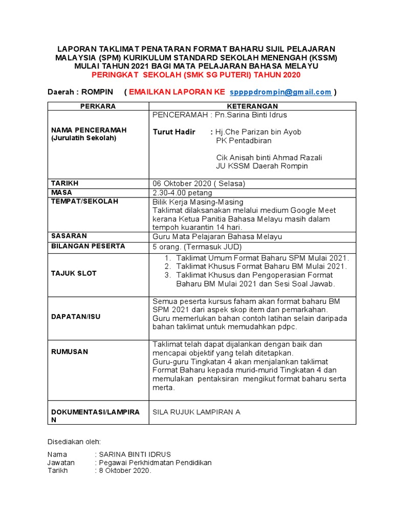 Laporan Penataran Format Baru Bm Spm 2021 Peringkat Sekolah Docx