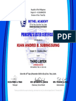 Principal'S Lister Certificate: Kian Andrei B. Subingsuing