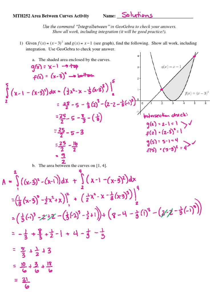 Area Between Curves Calculations Guide | PDF