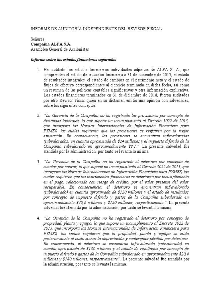 Informe De AuditorÍa Independiente Del Revisor Fiscal Con