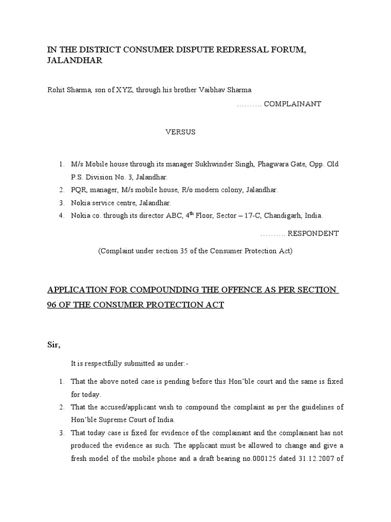 Application to Compound Offence and Settle Consumer Dispute Case