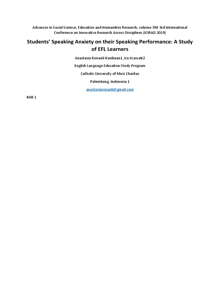 Students' Speaking Anxiety On Their Speaking Performance: A Study of ...