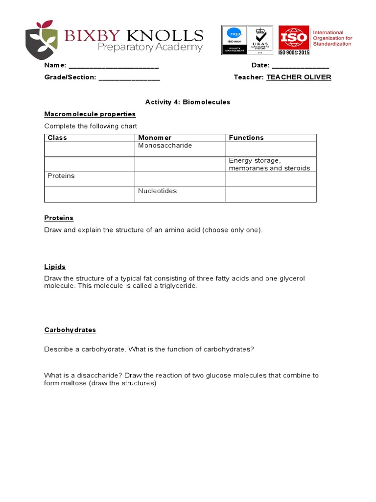 Macromolecule Properties Activity Key | PDF | Science & Mathematics ...