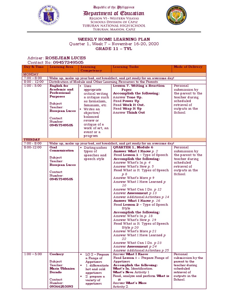 Weekly Home Learning Plan - Grade 11 - TVL - L - 7 PDF | PDF | Teachers ...