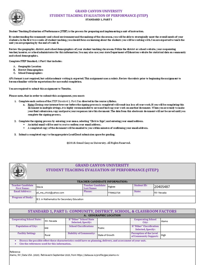 Gcu Student Teaching Evaluation of Performance Step Standard 1 Part I ...