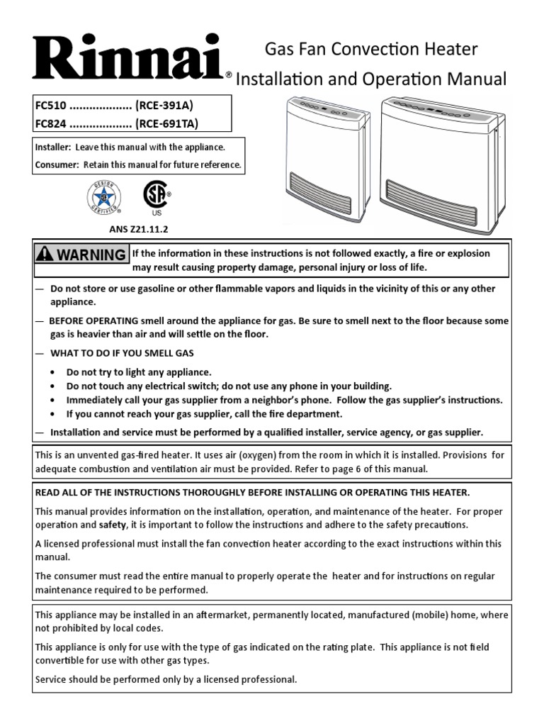 Rinnai Fan Gas Heater User Manual PDF