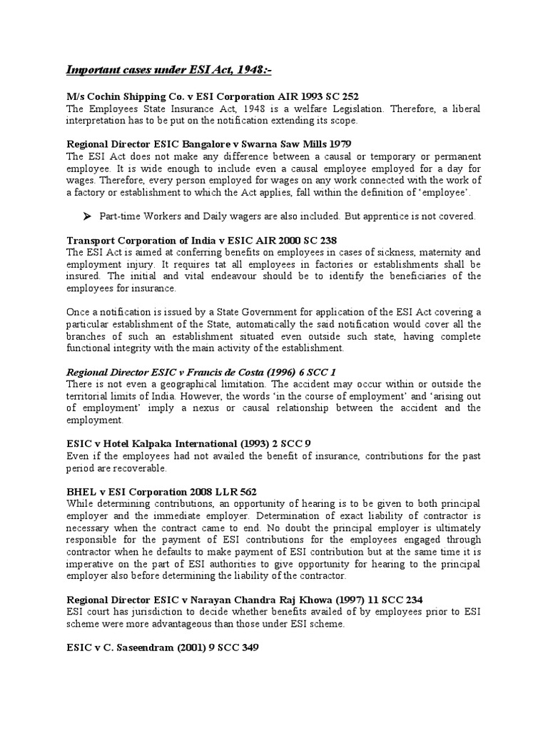Important Cases Under ESI Act, 1948 Regional Director ESIC V Francis