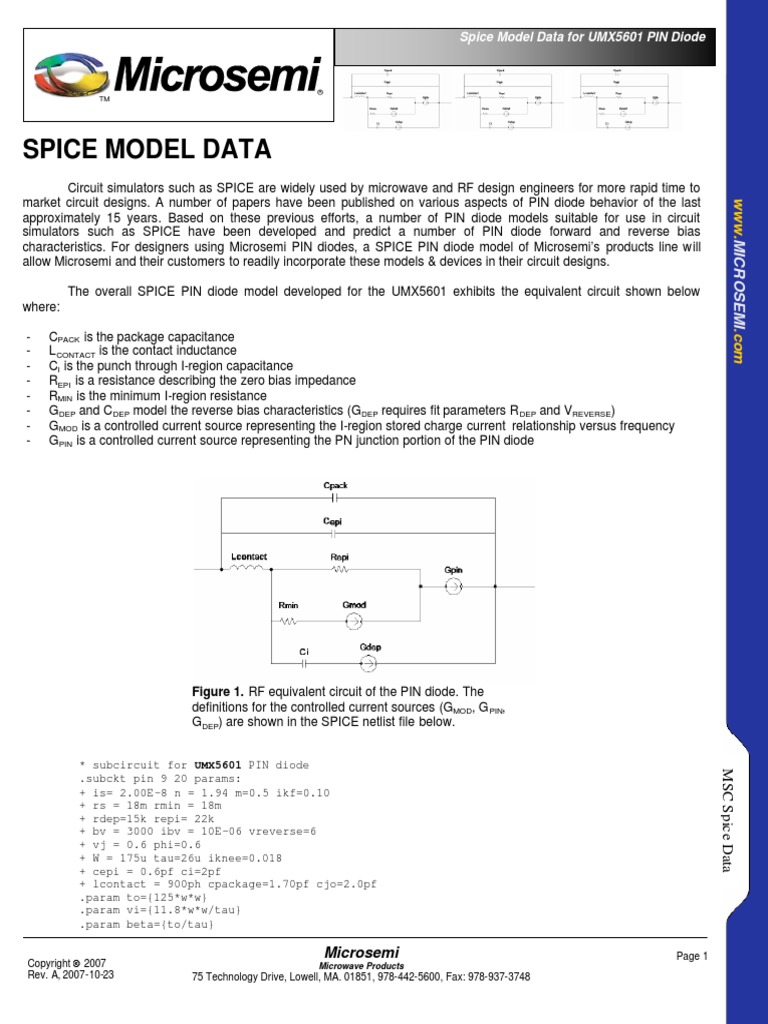 Spice Model Data For UMX5601 PIN Diode | PDF | Spice | Electrical ...