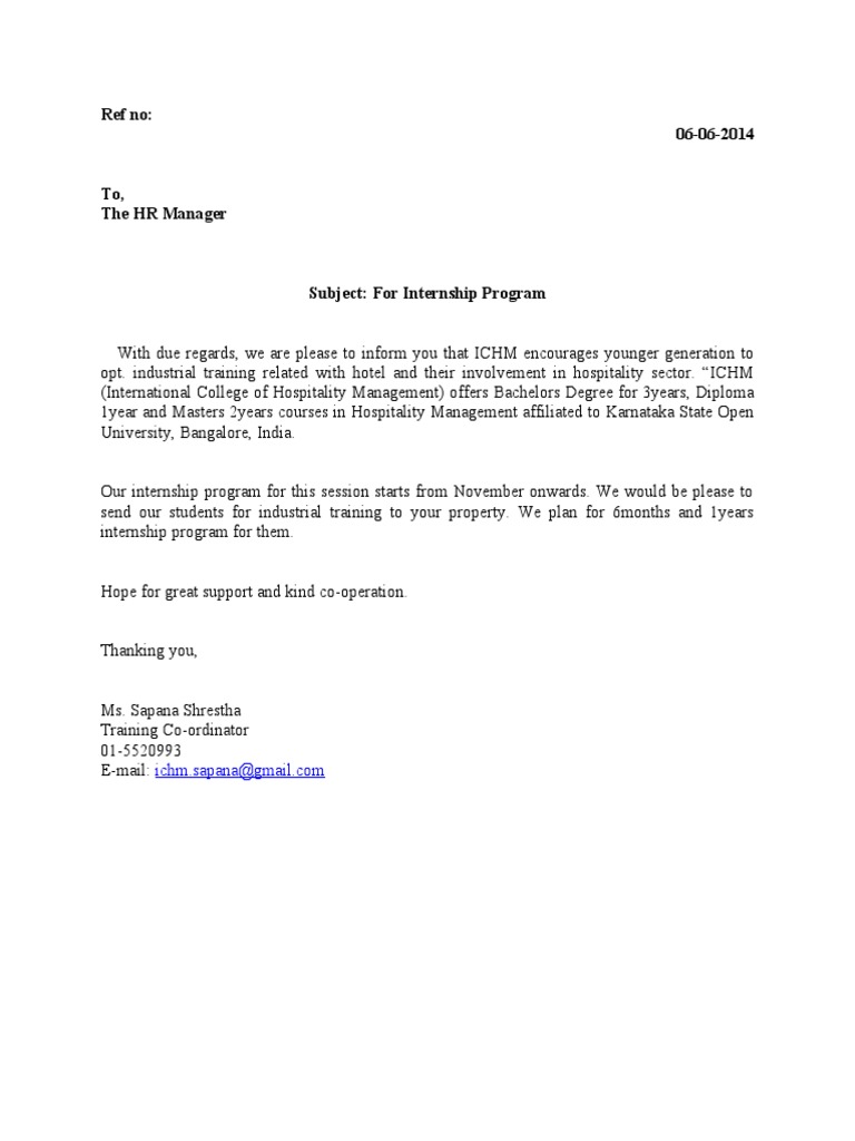 Request for Hotel Internships to Provide Hospitality Students with ...