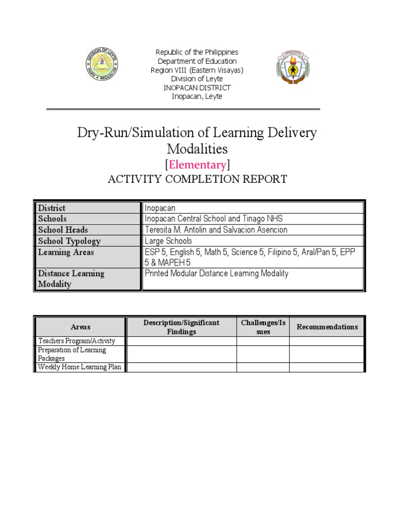 Dry-Run/Simulation of Learning Delivery Modalities: Activity Completion ...