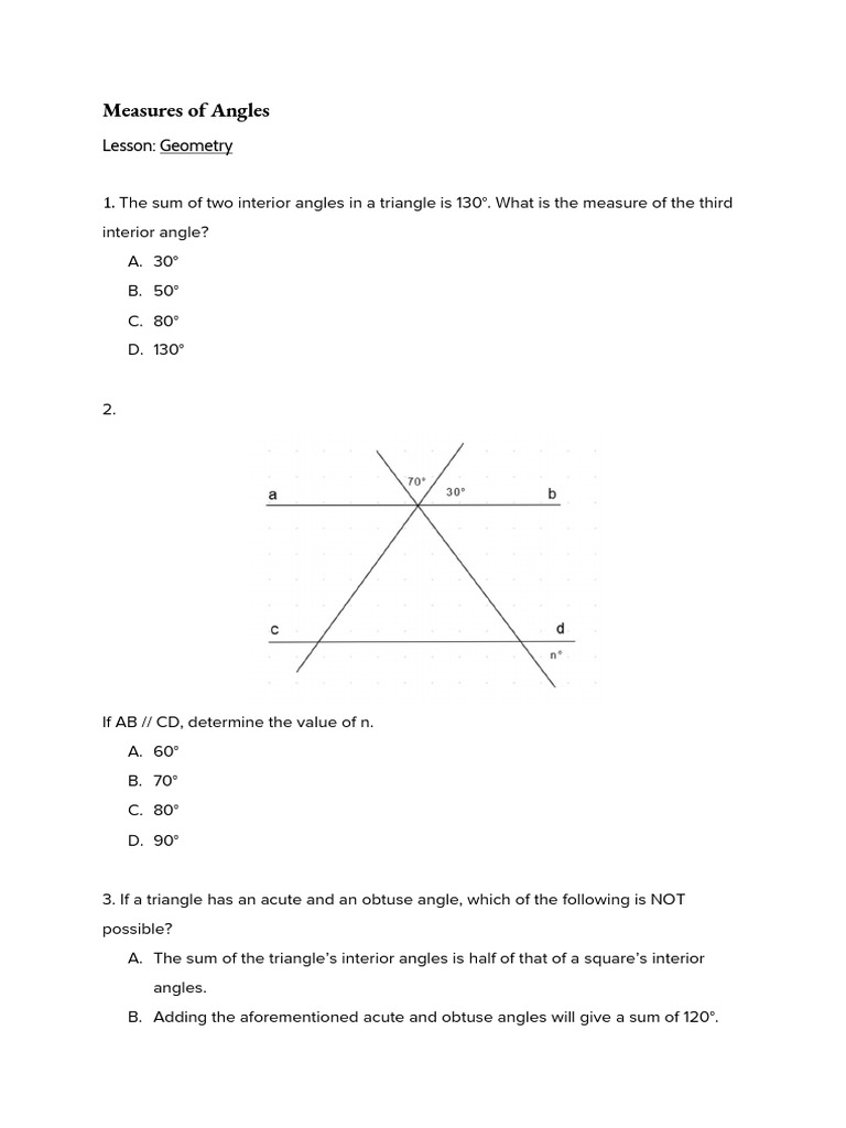 Geometry - Angles Worksheet 1 | PDF | Triangle | Angle
