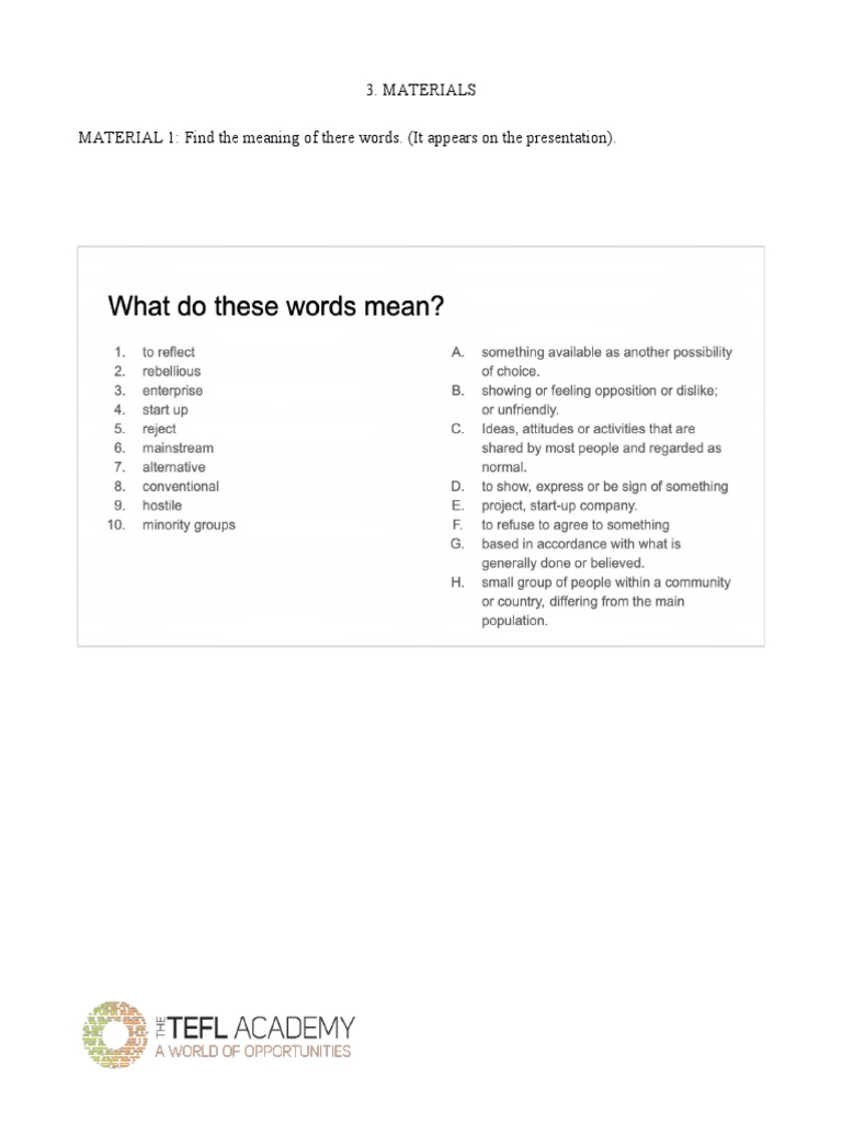 Materials MATERIAL 1: Find The Meaning of There Words. (It Appears On ...