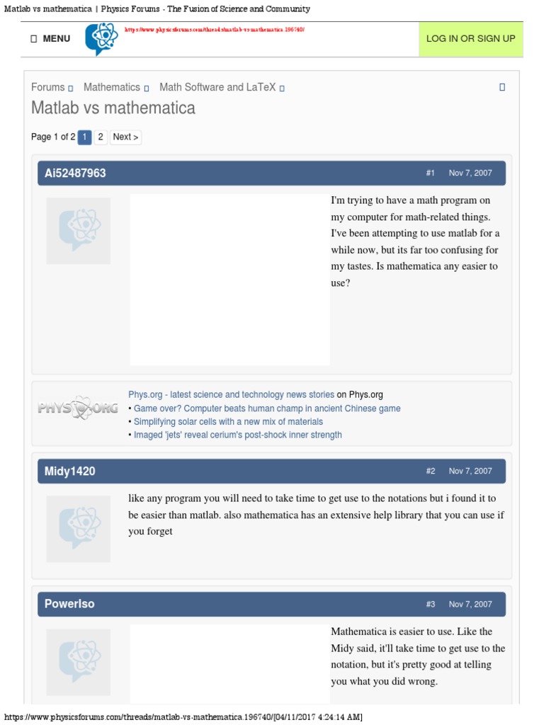0000.matlab - Vs.mathematica Physics - Forums | PDF | Matlab | Computing