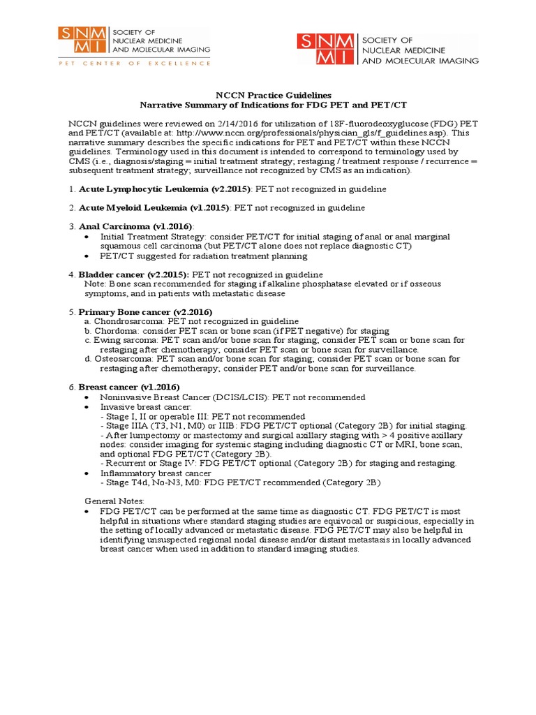 NCCN Practice Guidelines Narrative Summary of Indications For FDG PET
