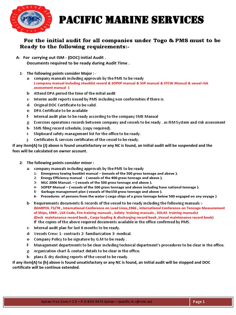 PMS Initial Audit Requirements | PDF | Tonnage | Audit
