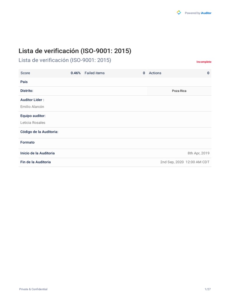 Lista de Verificacion ISO 9001 2015 | PDF | Sistema de manejo de ...