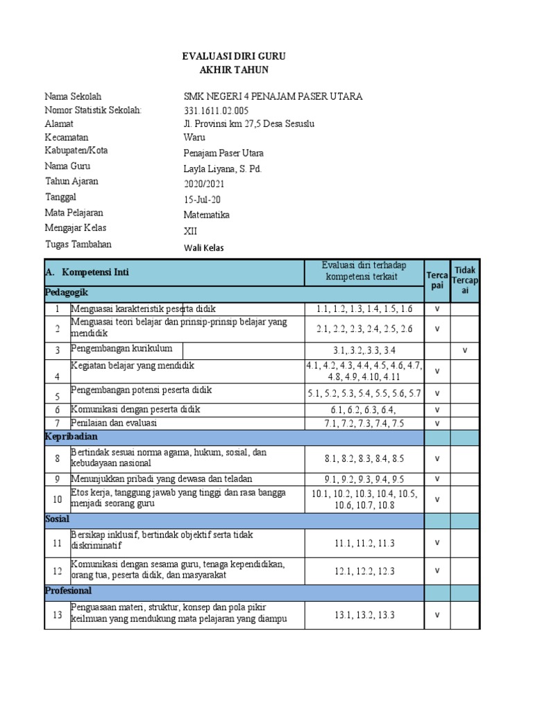 Format-Evaluasi-Diri-Guru-Dan-Tugas-Tambahan-Pkg New) | PDF