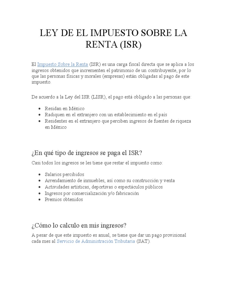 Cálculo y Pago del ISR en México | PDF | Impuesto sobre la renta ...