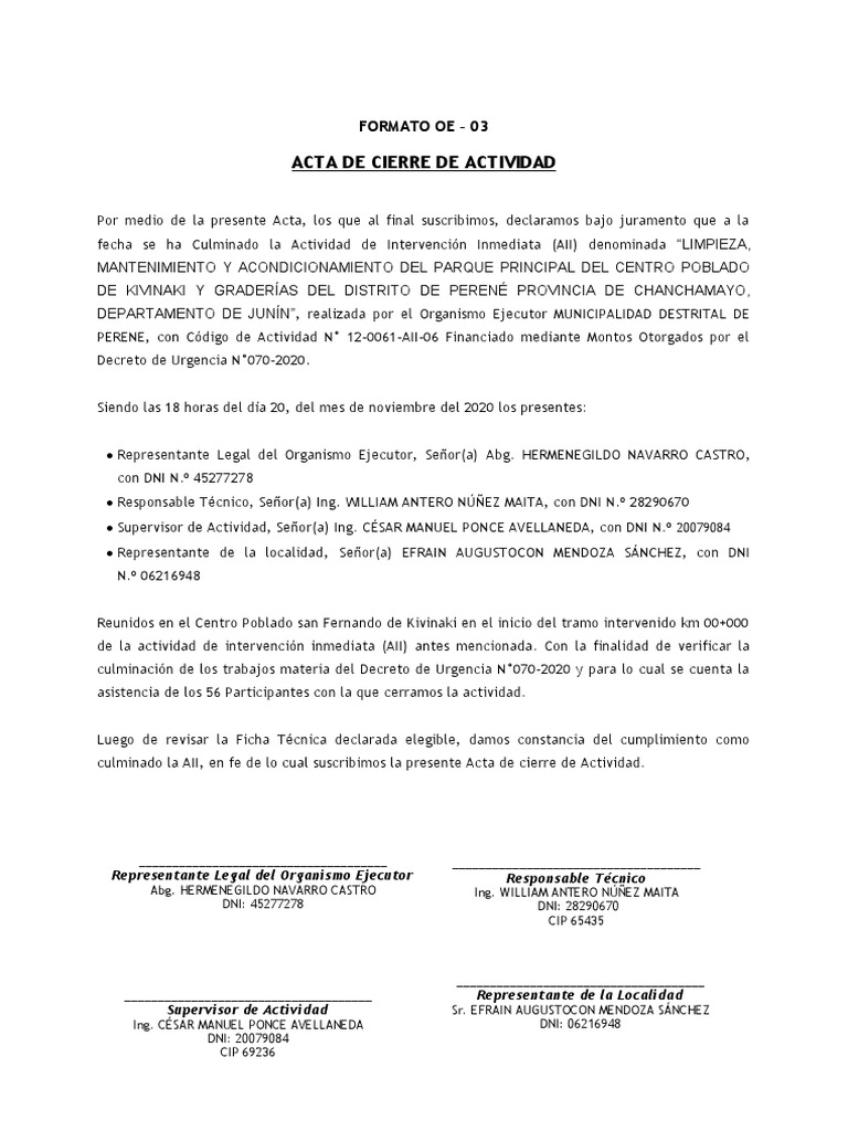 Formatos (OE) - AII DU 070-2020 ACTA DE CIERRE | PDF