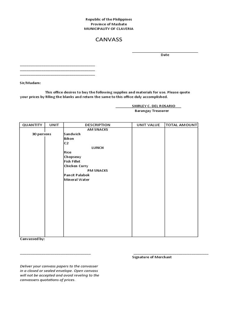 Canvass: Quantity Unit Description Unit Value Total Amount | PDF