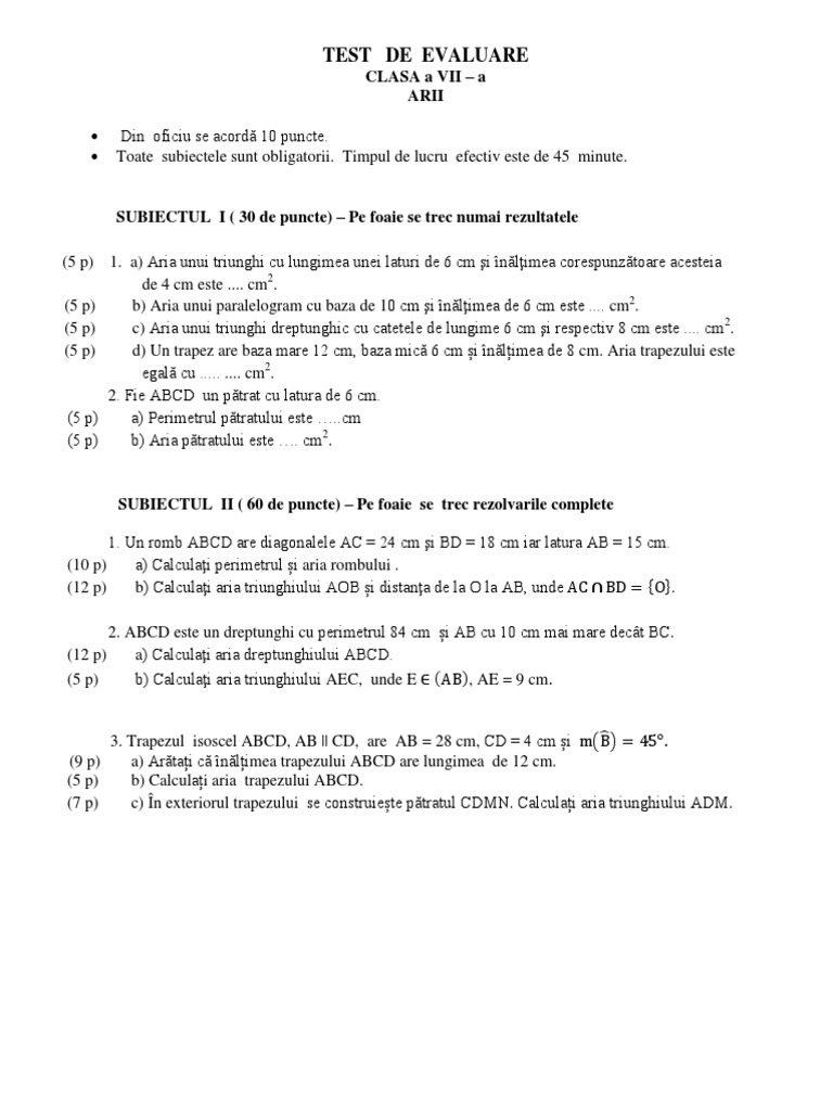 Matematica Clasa VII Teste Arii | PDF