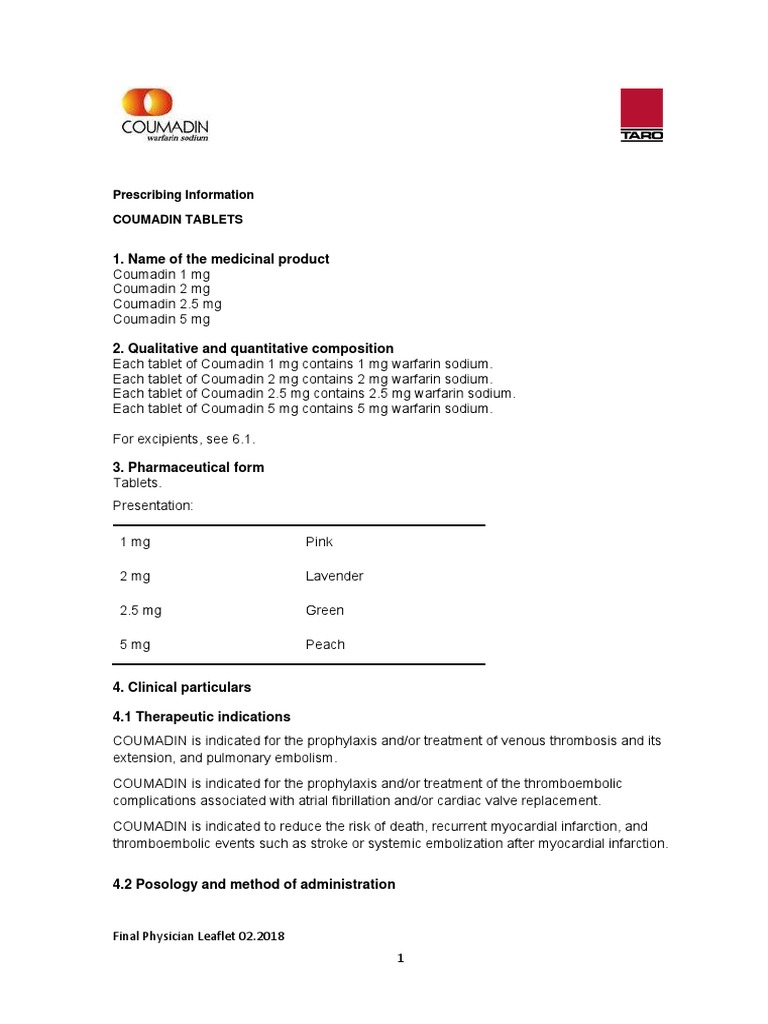 Name of The Medicinal Product: Prescribing Information Coumadin Tablets ...