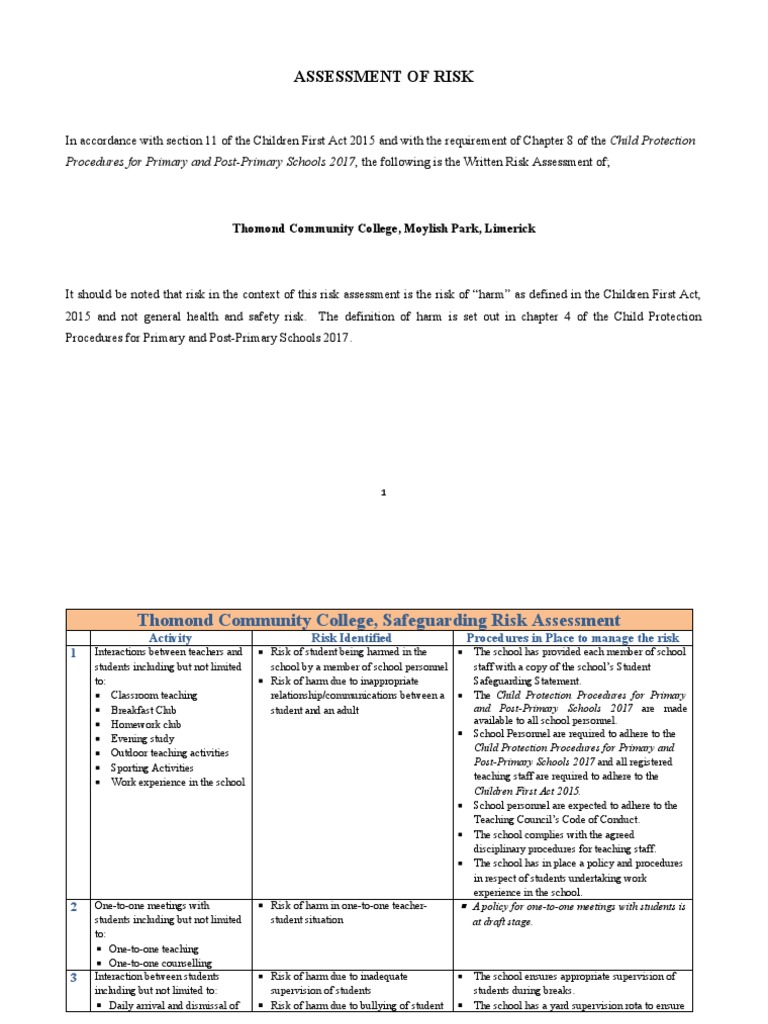 Child Protection Risk Assessment Table Revised Sept 2020 PDF