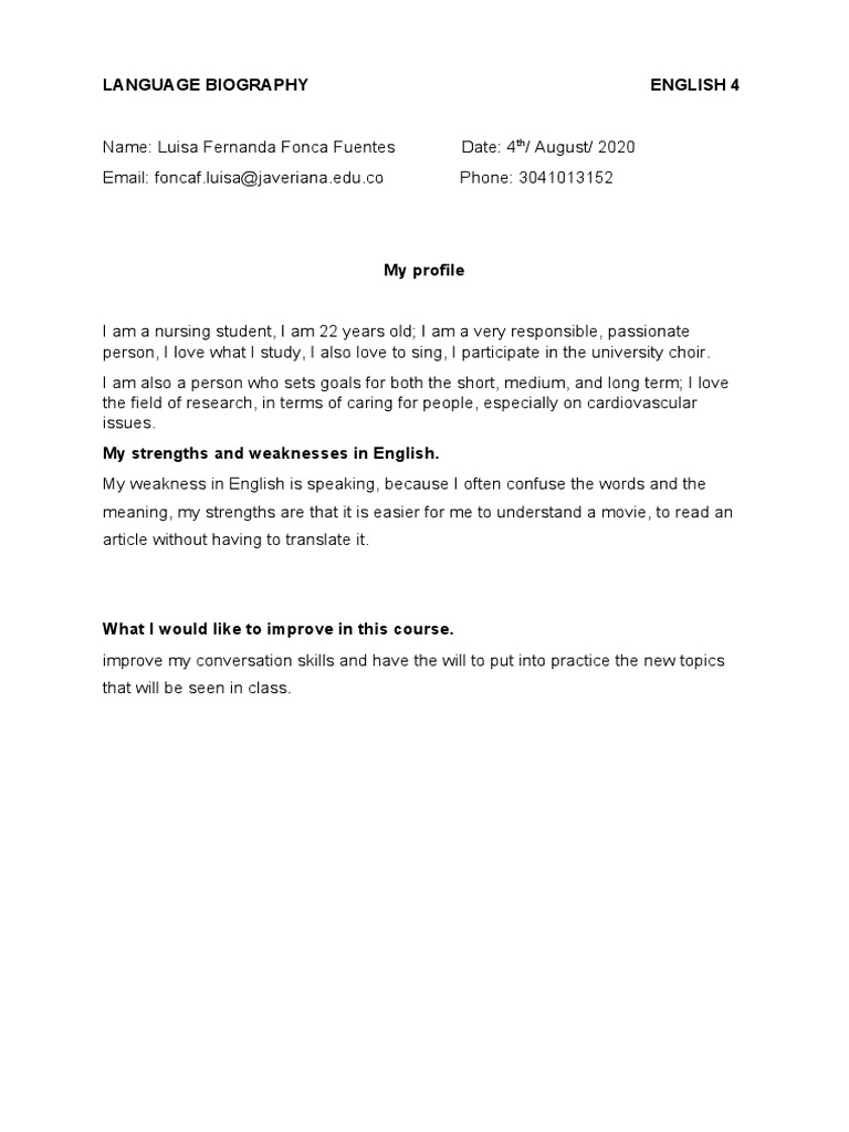 LANGUAGE BIOGRAPHY Luisa | PDF | Language Arts & Discipline | Wellness