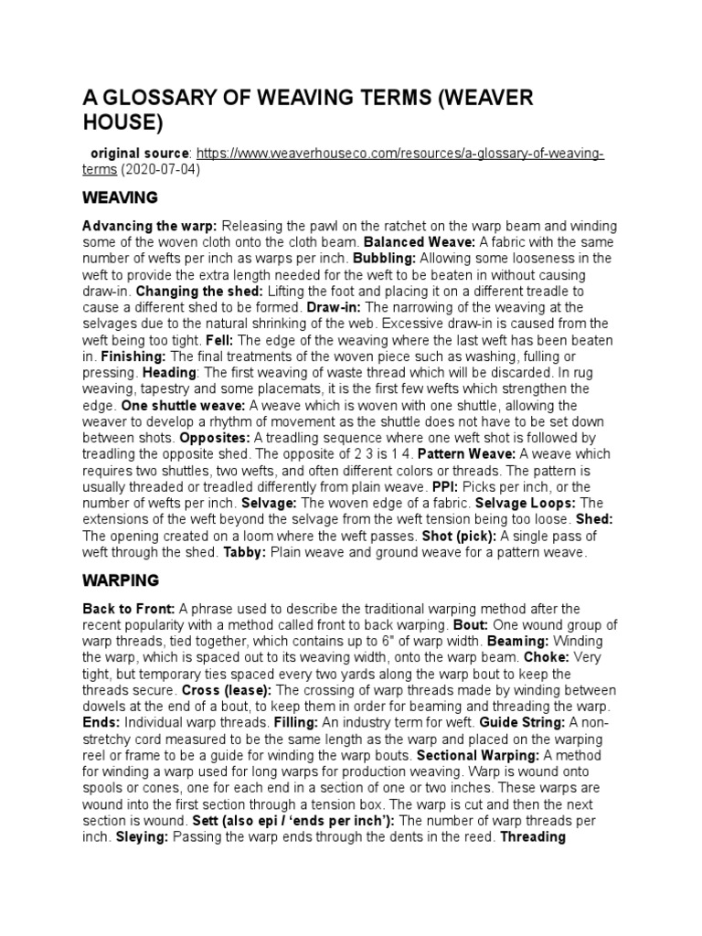 A Glossary of Weaving Terms (Weaver House) PDF Loom Weaving
