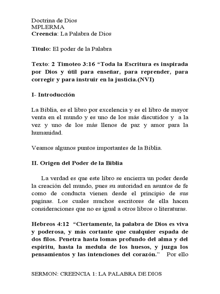 Sermon Creencia 1 La Palabra de Dios | PDF | Biblia | Dios