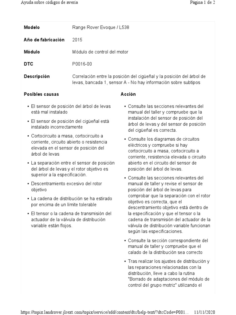 DTC P0016-00 en Range Rover Evoque | PDF | Bienes manufacturados ...