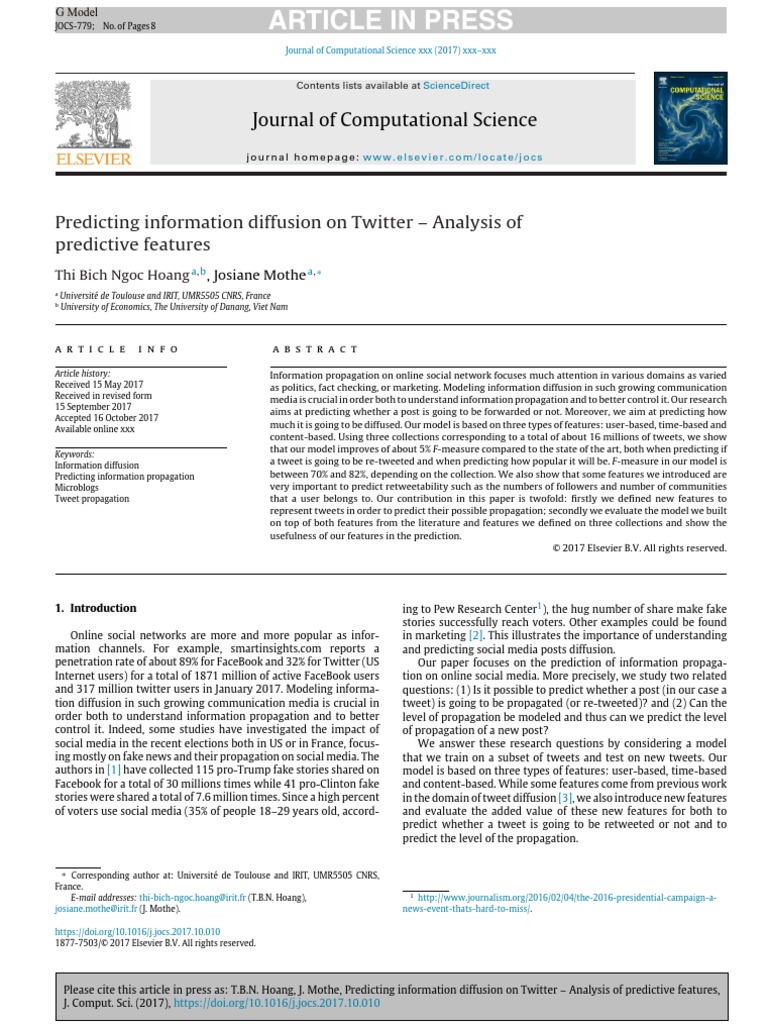 Article in Press: Predicting Information Diffusion On Twitter ...