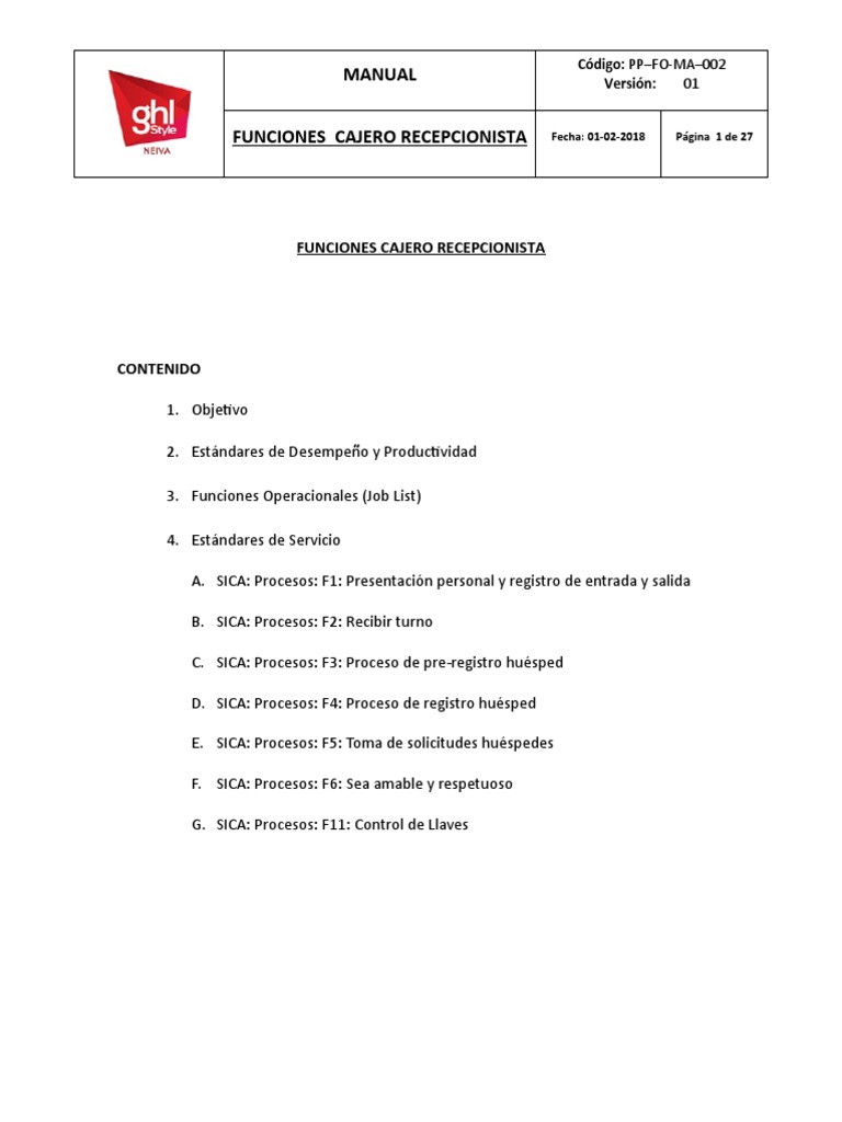 Manual de Funciones Cajero Recepcionista | PDF | Hotel | Tarjeta de crédito