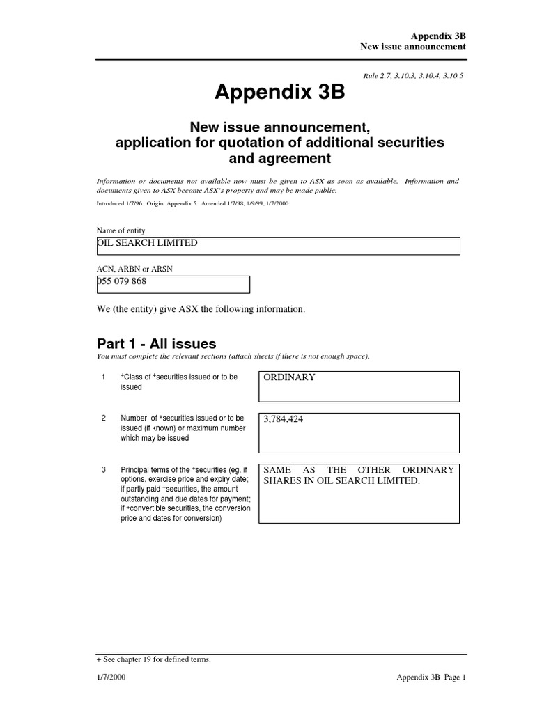 Appendix 3B New Issue Announcement, Application For Quotation of Additional Securities and