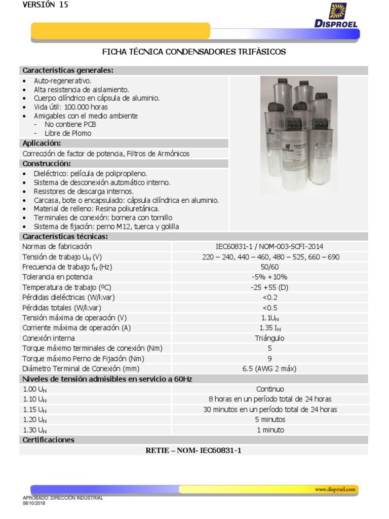 Ficha Técnica Condensadores Trifásicos Cilíndricos - DISPROEL | PDF ...