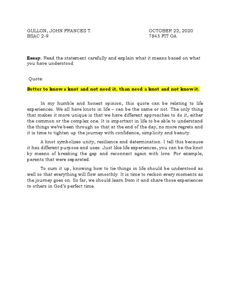 Essay. Read The Statement Carefully and Explain What It Means Based On ...