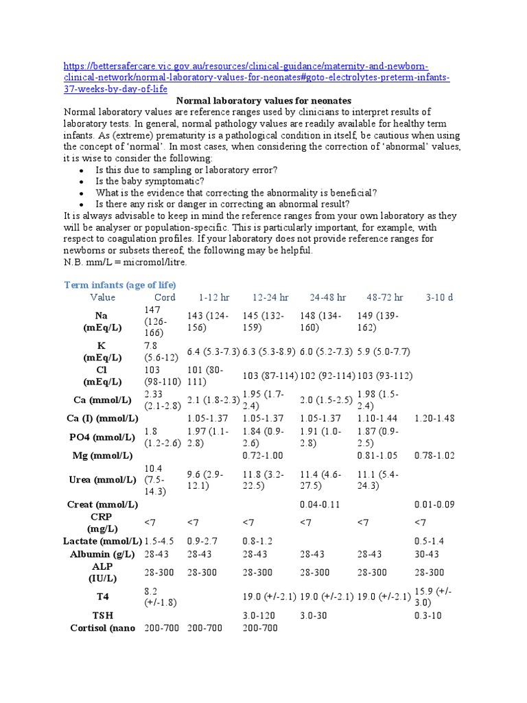 Normal Laboratory Values For Neonates PDF Reference Range Infants