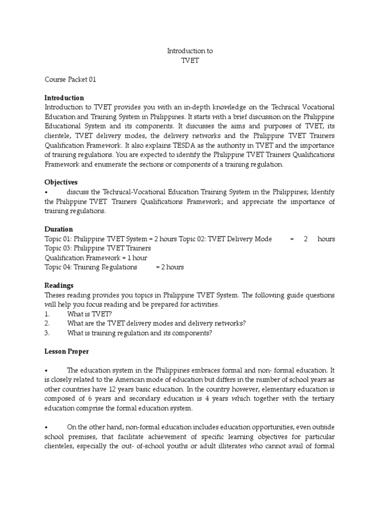 Overview of Philippine TVET System | PDF | Vocational Education ...