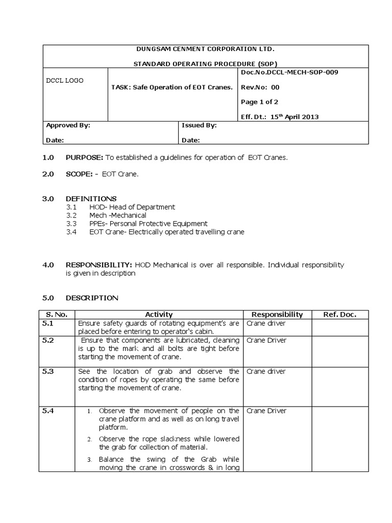 09-SOP For Safe Operation of EOT Crane | PDF | Crane (Machine) | Safety