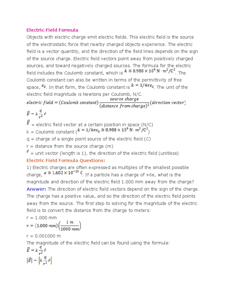 Electric Field Formula Questions | PDF | Electric Field | Electric Charge