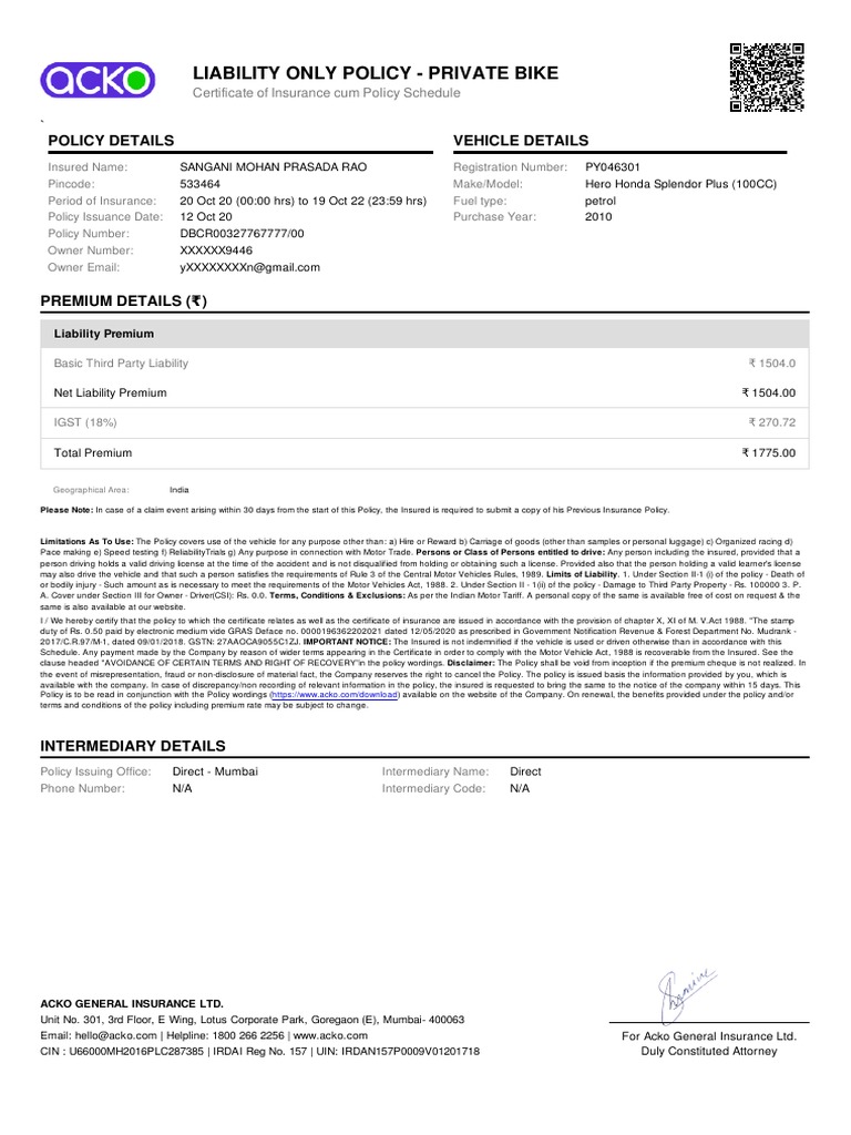 Liability Only Policy - Private Bike: Policy Details Vehicle Details ...