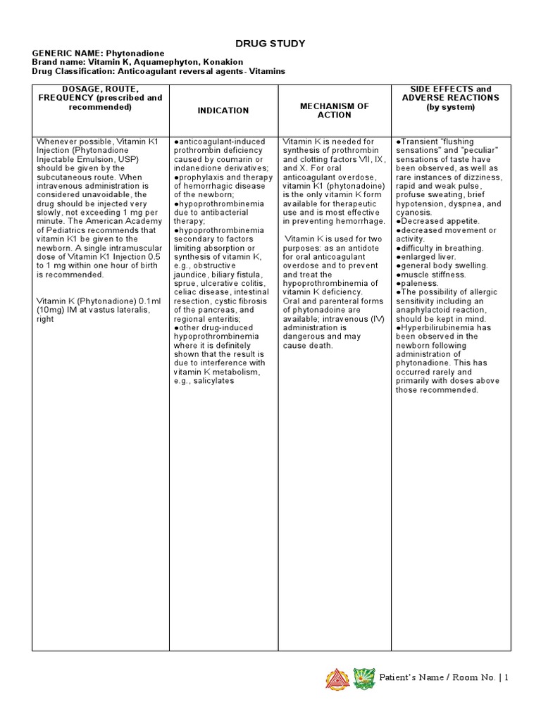 Drug Study Vitamin K PDF Injection (Medicine) Vitamin