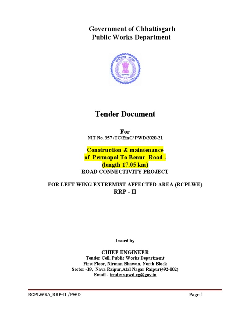 Tender Document: Government of Chhattisgarh Public Works Department | PDF