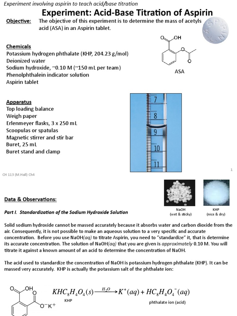 Experiment AcidBase Titration of Aspirin Objective PDF Sodium
