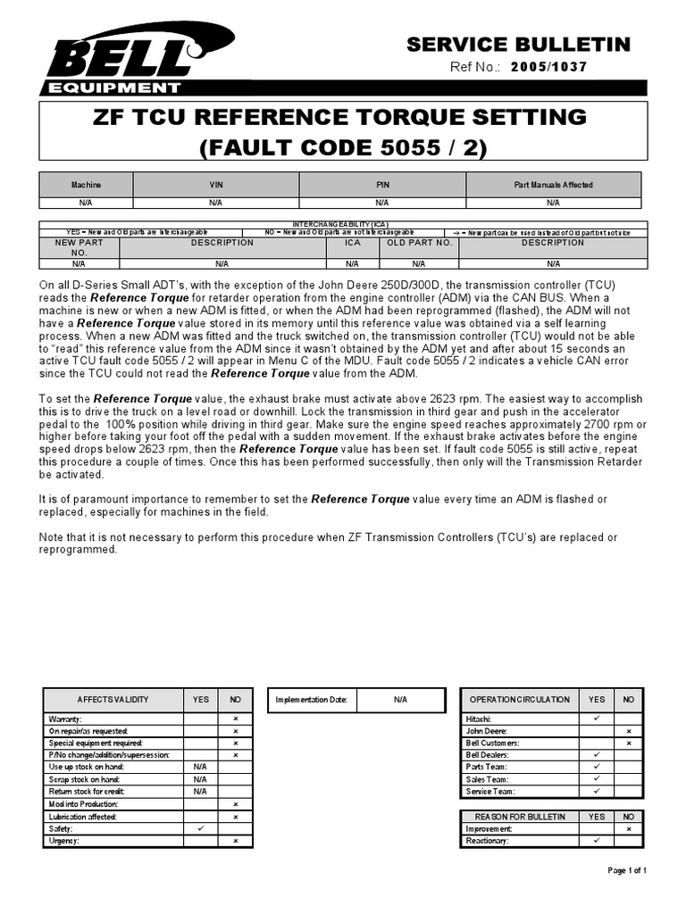 ZF Tcu Reference Torque Setting (FAULT CODE 5055 / 2) Service